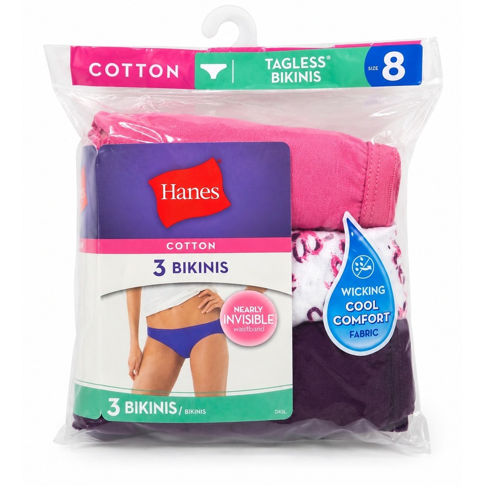 NWT Hanes Cotton Bikini Panties 3 Pack Size 8 Pink Purple Floral Tagless